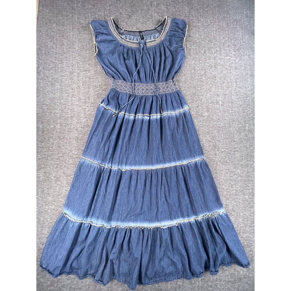 Indigo & Lace Blue Denim Look Tiered Smocked Peasant Maxi Dress XL - Picture 7 of 10